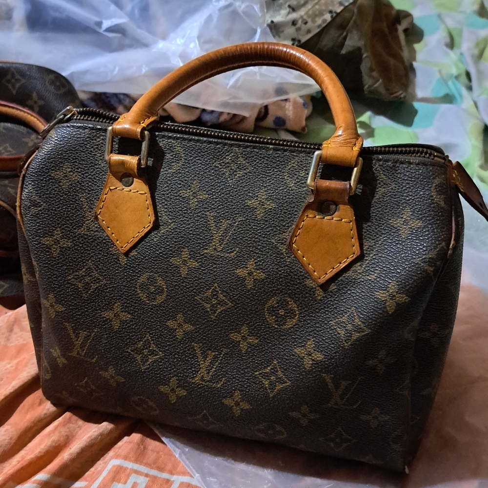Louis Vuitton Brown Monogram Satchel with Tan Leather Handles